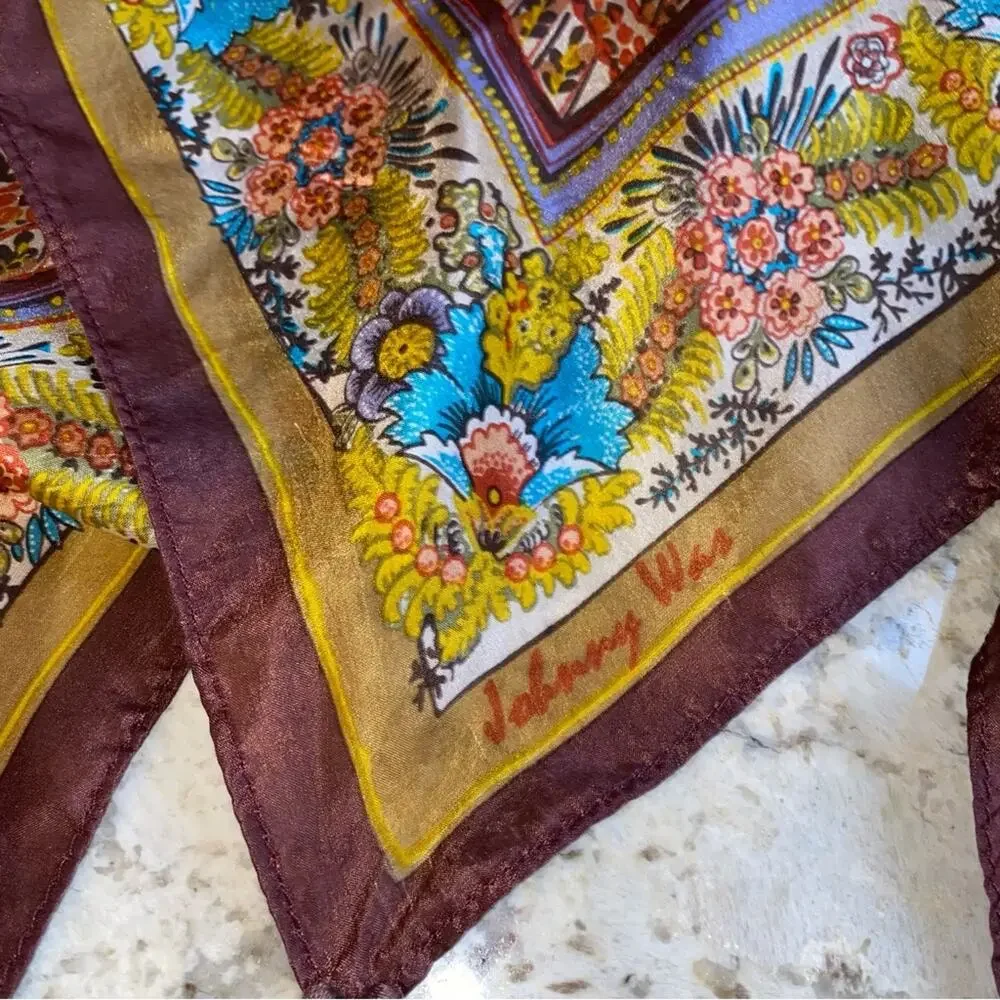 Johnny Was $110 Silk Boho Brown Gold Turquoise Block Print Tassel Scarf EUC